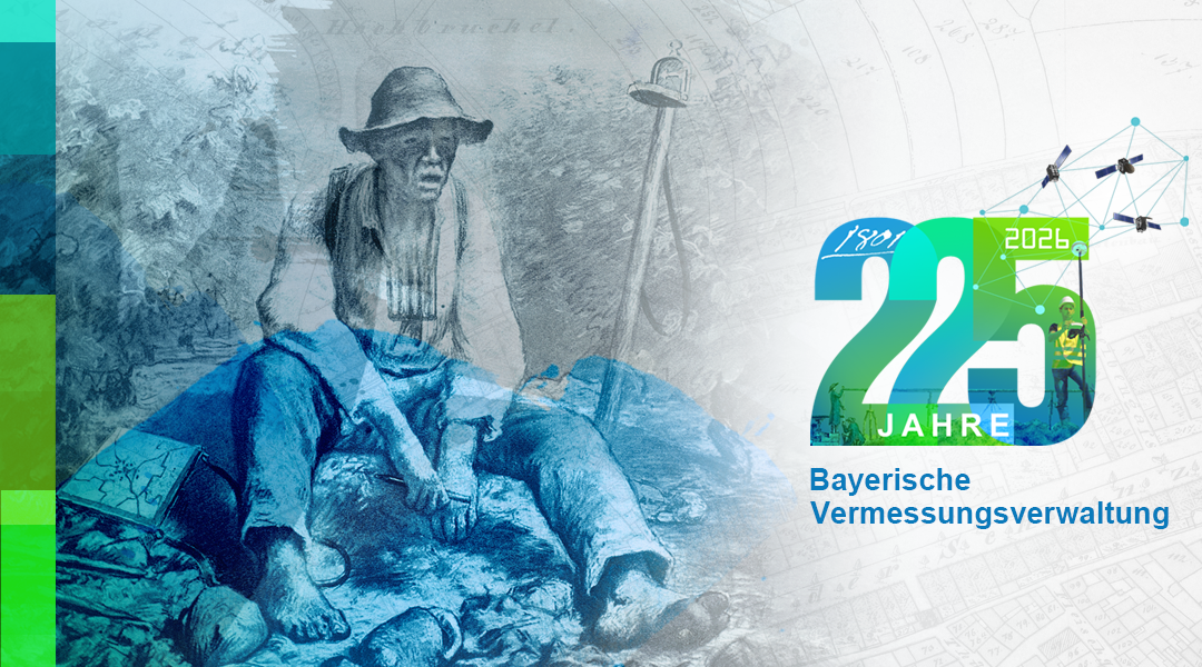 Auf der linken Seite sitzt ein erschöpfter Mann, barfuß und auf der rechten Seite der Schriftzug 225 Jahre Bayerische Vermessungsverwaltung